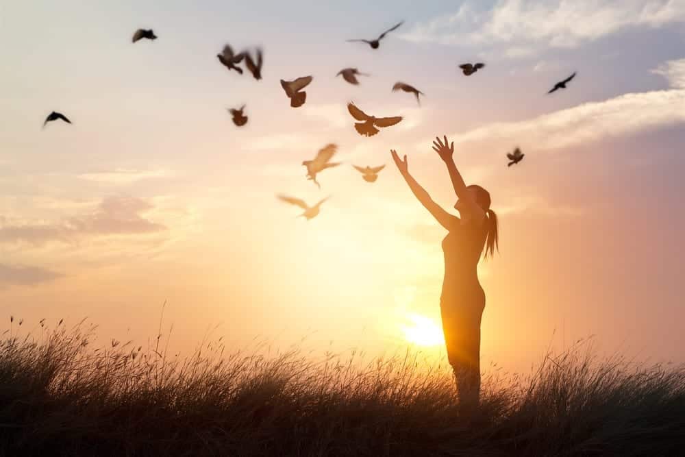 woman at sunset with birds